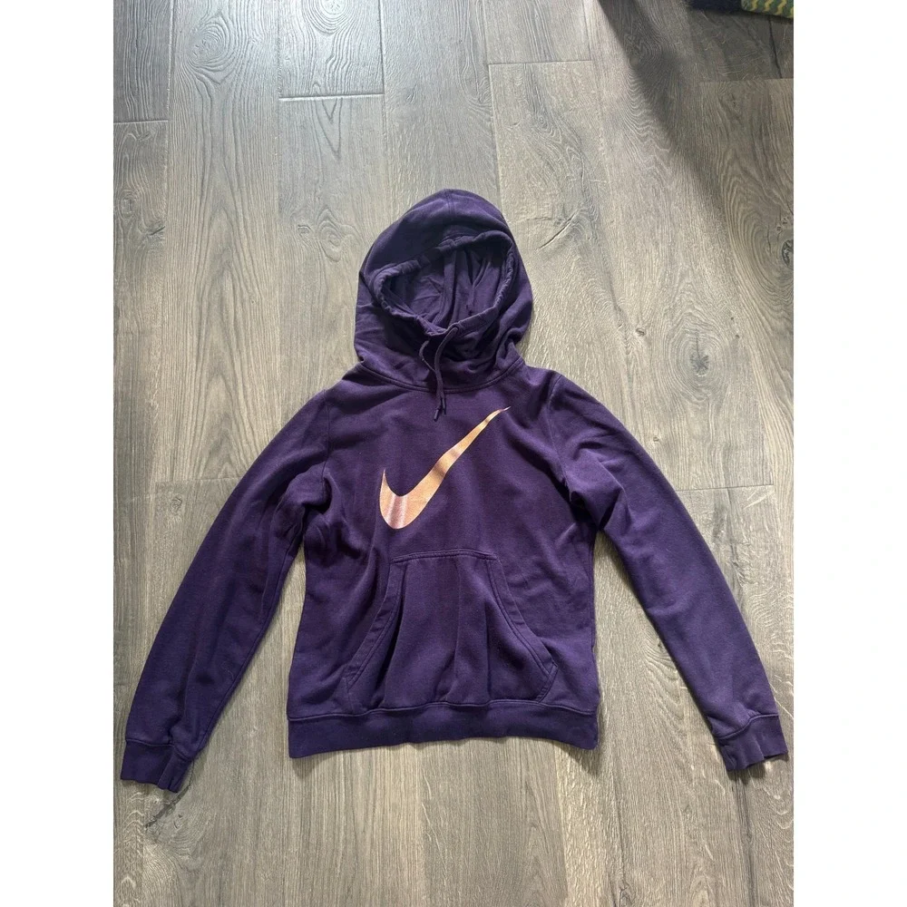 Nike Cowl Neck Hoodie Size Large Purple Rose Gold Swoosh Fleece Pullover Exc